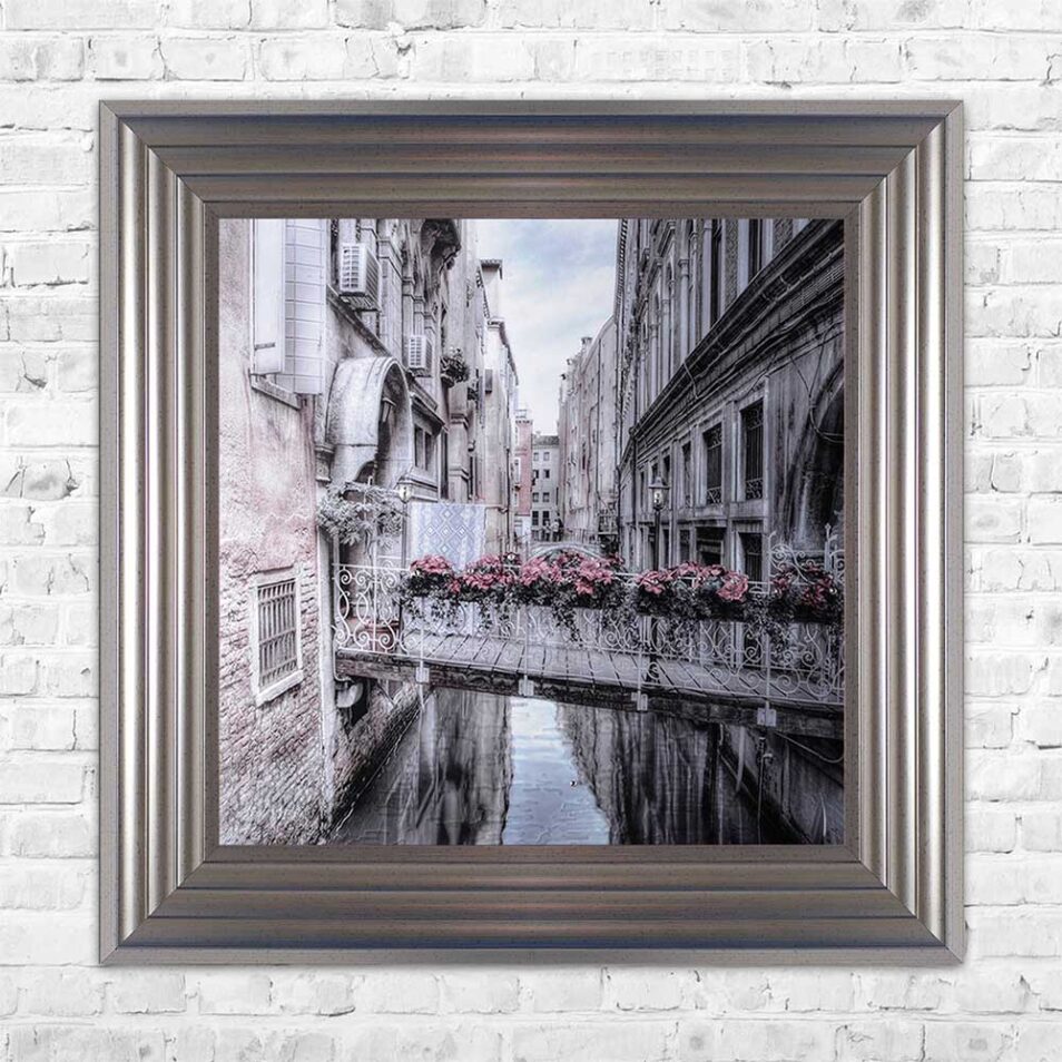Venice Walkway - Flat Bridge - Flowers - Silver Frame - Mounted
